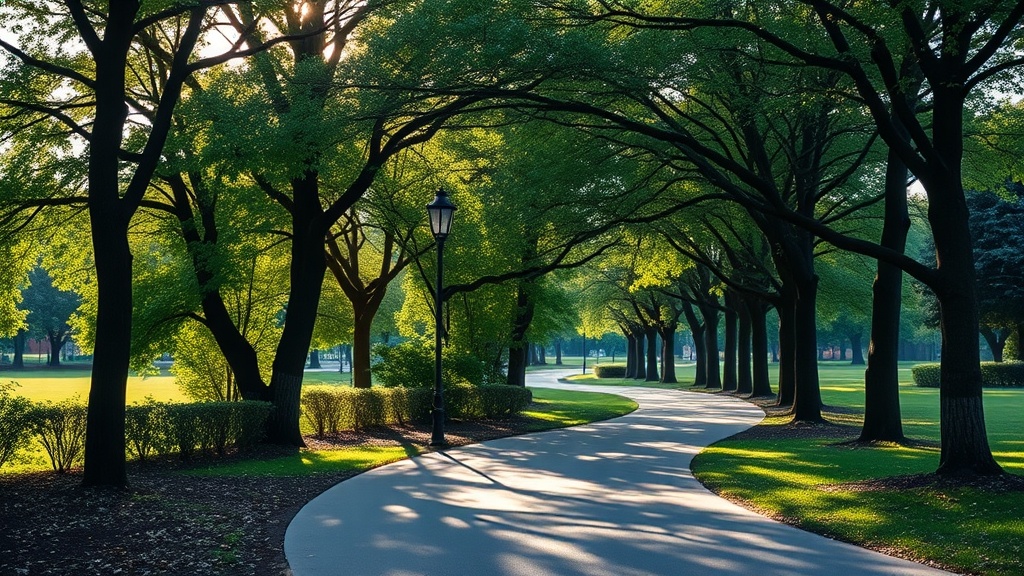 나무와 보행로가 조성된 도시 공원의 실외 러닝 환경