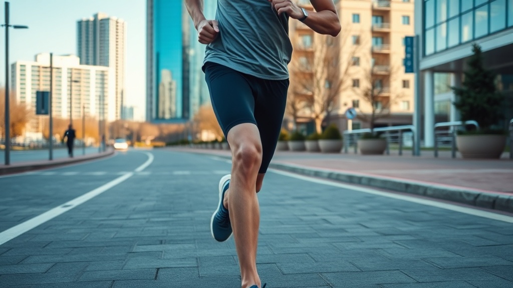 도시 환경의 포장 도로와 보행로가 있는 실외 러닝 환경을 나타내는 장면